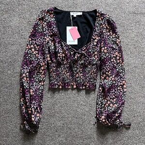 The Frolic Long Sleeve Cropped Ruched Boho Floral Blouse Woman’s Size US 2 / XS